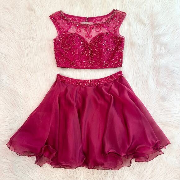 Hannah S 27093 Beaded Two Piece Prom Dress Sparkle Homecoming Skirt Set, Pink - Picture 3 of 11